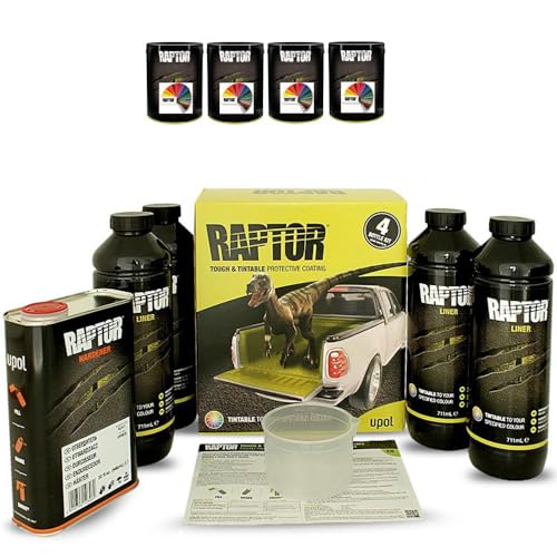 Raptor Lack Beschichtung 4er Set + 4x 0,1 L Raptor Farbkonzentrat. Alle RAL Farben/Upol (RAL 1002 Sandgelb) von LACKMIX.de