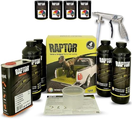 Raptor Lack Beschichtung 4er Set inkl. UBS Pistole + 4x 0,1 L Raptor Farbkonzentrat. Alle RAL Farben/Upol (RAL 6025 Farngrün) von LACKMIX.de