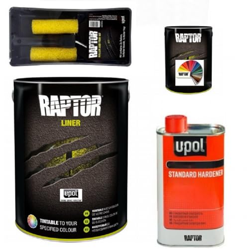 Raptor Liner Lack, alle RAL Farben. 1,1 L (0,75+0,25+0,1) Gebinden + Rollen Set. 2K Fahrzeug & Transportflächen Beschichtung. Upol. (RAL 1028 Melonengelb) von LACKMIX.de