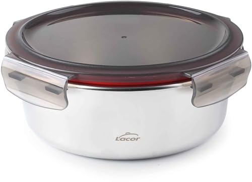 LACOR 64615 Ecoinox Lebensmittelbehälter, rund, Edelstahl 18/10, 700 ml, geeignet für Mikrowelle, Backofen, Gefrierschrank und Spülmaschine, luftdicht, 4 Clip-Verschlüsse, BPA-frei von LACOR