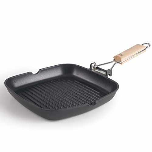 Lacor - 25148 - RIBBed SUA Grillpfanne aus 100% freiem PFOA Aluminiumguss, Bilayer Antihaft, Klappgriff Eichenholz, Vollinduktionsboden, Induktionstauglich, 28 x 28 x 3,8 cm, Schwarz von LACOR