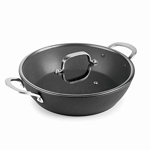 Lacor - 27034 - Niedriger Topf mit Deckel EASY Ø 24 cm, Geschmiedetes Aluminium, Antihaftbeschichtung TRIcapa, Full Induction Boden, Edelstahlgriff, Deckel aus gehärtetem Glas, Ø 24 x 6,5cm, Schwarz von LACOR