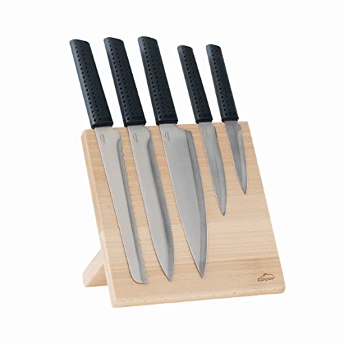 Lacor - 39031 - Küchenmesser mit Magnetblock, Messerset, inklusive 5 Messer, ergonomischer rutschfester Griff, Edelstahl, 100% stabile Oberfläche, Buche, 21 x 22.5 cm von LACOR