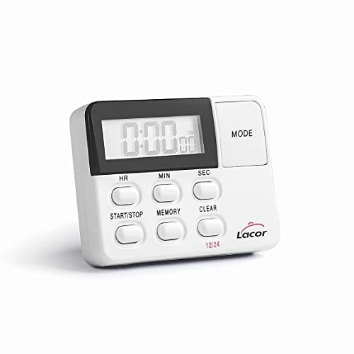Lacor - 60802 - Küchenuhr mit Wecker, Timer, Programmierbar, LCD-Display, Maximaler Countdown-Bereich: 24 h, Weiß von LACOR