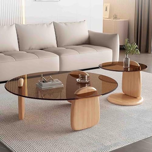 LACVBNFGT Glas-Couchtisch, runder Nesting-Couchtisch, minimalistischer niedriger Teetisch mit Holzgestell, Beistelltisch für das Wohnzimmer(Style 2,80X50cm) von LACVBNFGT