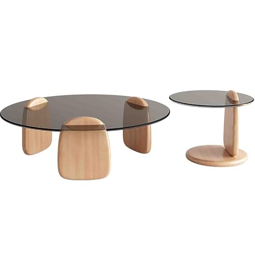 LACVBNFGT Glas-Couchtisch, runder Nesting-Couchtisch, minimalistischer niedriger Teetisch mit Holzgestell, Beistelltisch für das Wohnzimmer(Style 6,90X50cm) von LACVBNFGT