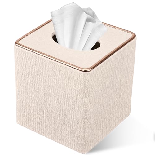 LADSTAG Taschentuchbox Taschentuchspender aus Leder, Kosmetiktücher Box,Quadrat Tücherbox Taschentücher Box Tissue Box Cover, B×T×H: 13.5 × 13,5 × 14,7 cm - Beige von LADSTAG