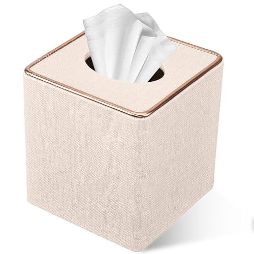 LADSTAG Taschentuchbox Taschentuchspender aus Leder, Kosmetiktücher Box,Quadrat Tücherbox Taschentücher Box Tissue Cover, B×T×H: 13.5 × 13,5 × 14,7 cm - Beige von LADSTAG