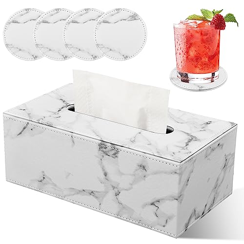 LADSTAG Taschentuchbox Taschentuchspender Kosmetiktücher Box aus PU Leder, Taschentücher Box Tissue Cover Tücherbox Rechteckige 25×13,5×9,5 cm, Lieferung mit 4 Untersetzern als Geschenk(Marmor) von LADSTAG