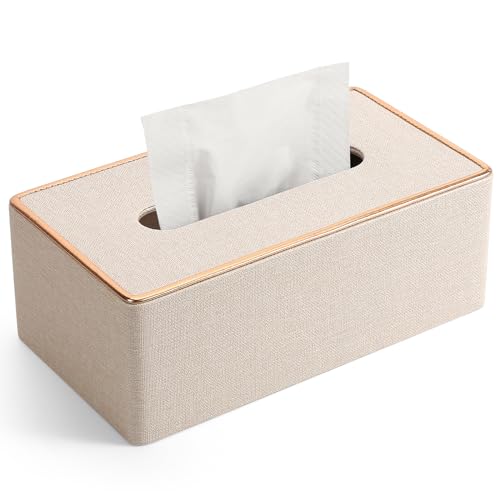 LADSTAG Taschentuchbox Taschentuchspender aus PU Leder, Kosmetiktücher Box mit 4 Untersetzern,Tücherbox Taschentücher Box Tissue Cover Rechteckige, B×T×H: 25 × 13,5 × 9,5 cm(Beige) von LADSTAG