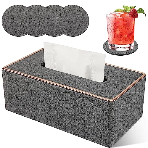 LADSTAG Taschentuchbox Taschentuchspender Kosmetiktücher Box aus PU Leder, Taschentücher Box Tissue Cover Tücherbox Rechteckige 25×13,5×9,5 cm, Lieferung mit 4 Untersetzern als Geschenk(Grau) von LADSTAG