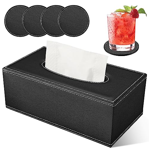 LADSTAG Taschentuchbox Taschentuchspender Kosmetiktücher Box aus PU Leder, Taschentücher Box Tissue Cover Tücherbox Rechteckige 25×13,5×9,5 cm, Lieferung mit 4 Untersetzern als Geschenk(Schwarz) von LADSTAG