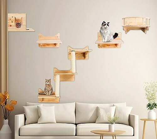 LADVATKIN Katzen Wandregale, Katzenwandmöbel Set, Katzenregale und Sitzstangen für Wand, Kletterregal Spielplatz, Katzenkratzbaum mit 3 Stufen Wandregal Innen Wandmontage Cat Condos Haus von LADVATKIN