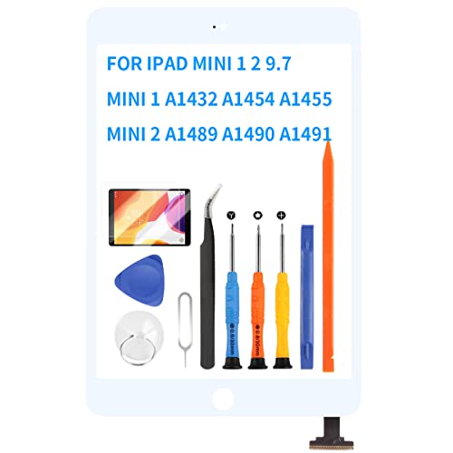 Ersatzdisplay Compatible für iPad Mini 1 2 1. Generation 2. Generation Mini1 A1432 A1454 A1455 Mini2 A1489 A1490 A1491 Touchscreen Digitizer Sensor Glas Kit mit gehärtetem Glas + Werkzeug (weiß) von LADYSON