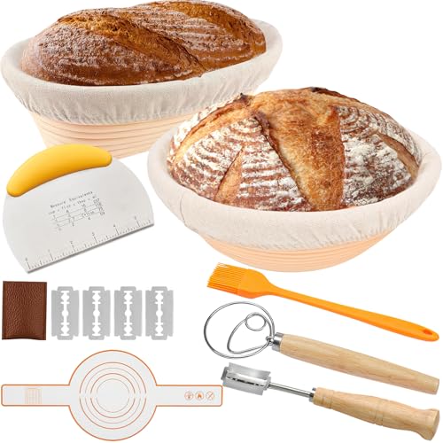 Komplettes Sauerteig Starter Set - Gärkörbchen Set, Brot Backen Zubehör mit 10-Zoll ovaler & 9-Zoll Runder Brotkorb, Silikon-Brotschlinge, Bratpinsel, Teigmischer, Schüsselschaber & Teigschaber-Set von LADYSONS