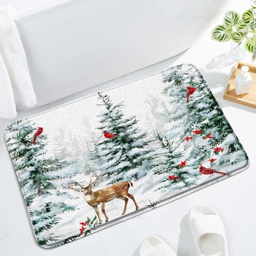 LAEDCIITI Badematte für den Winter, Weihnachten, Schnee, Wald, Landschaft, Kiefern, Hirsch, roter Vogel, Wald, Schneeflocke, Weihnachten, Urlaub, rustikaler Bauernhausstoff, Badezimmer-Vorhang-Set mit LAEDCIITI Badematte für den Winter, Weihnachten, Schnee, Wald, Landschaft, Kiefern, Hirsch, roter Vogel, Wald, Schneeflocke, Weihnachten, Urlaub, rustikaler Bauernhausstoff, Badezimmer-Vorhang-Set mit von LAEDCIITI