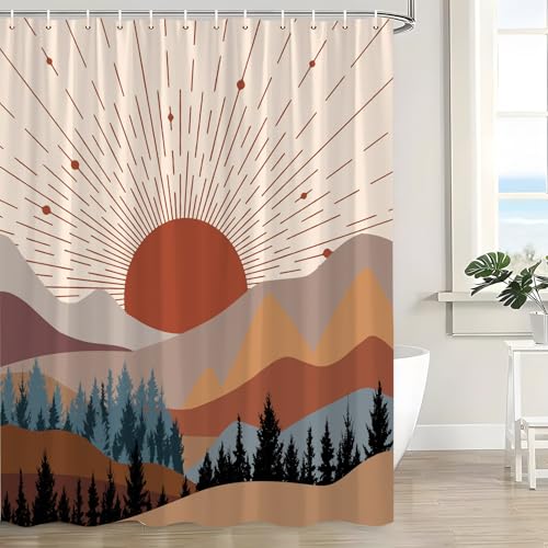 LAEDCIITI Mid Century Boho Duschvorhang Abstrakt Berg Modern Sonnenuntergang Blatt Blätter Geometrisch Wald Ästhetisch Minimalistisch Sonne Natur Terrakotta Stoff Badvorhang mit Haken von LAEDCIITI