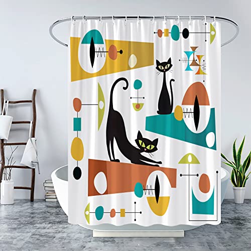 LAEDCIITI Mid Century Schwarze Katze Duschvorhang Modern Atomic Starbursts Abstrakt Geometrisch Kultiges Muster Retro Schwarz Kitty Tier 1950er 1960er Vintage Lustiges Blaugrün Stoff Badezimmer von LAEDCIITI