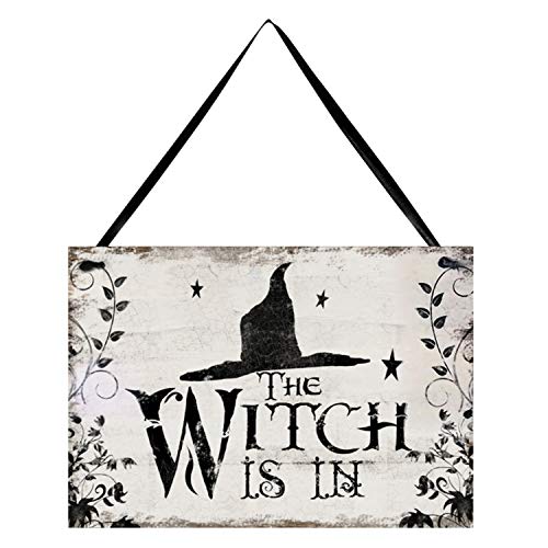 LAEMILIA The Witch is in Halloween Willkommens Schild mit Hexenhut Pflanze Fujiman Sterne Muster Hanging Tag Wandtafel Dekoration Requisiten für Tür Fenster Bar Restaurant Cafe (A) von LAEMILIA