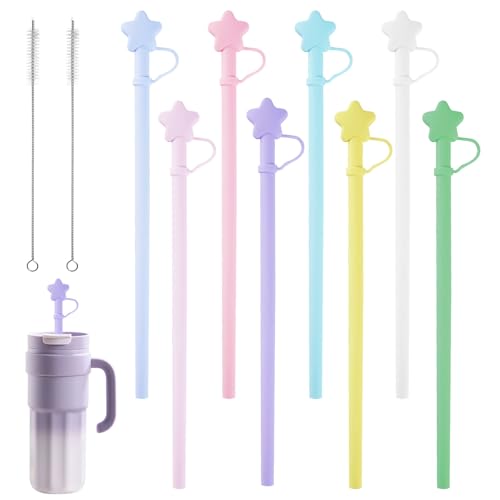 LAGAHS 8PCS Silikon Strohhalm Wiederverwendbar Kompatibel mit Tasse Becher, Langer Trinkhalm mit Stern Abdeckung für verschiedene Getränke, Mit 2PCS Reinigungsbürste von LAGAHS