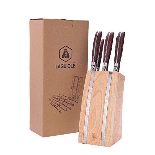 LAGUIOLE - LAGUIOLE Block von 5 Utensilien Pakka Holzgriffe Fleischmesser Brotmesser Gemüsemesser Fleischgabel Schärfgerät Hevea Holzblock Ideales Geschenk von LAGUIOLE