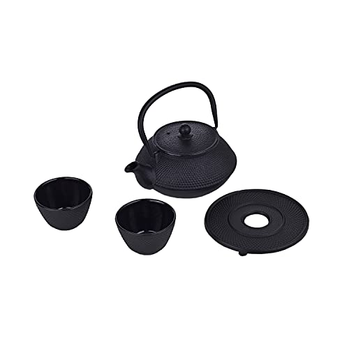 LAGUIOLE - LAGUIOLE Teekanne aus Gusseisen, innen schwarz emailliert, Infusor, traditionelles Teapot-Set aus Eisen, Tablett aus Gusseisen und 2 japanische Teetassen, Schwarz, 800ml von LAGUIOLE