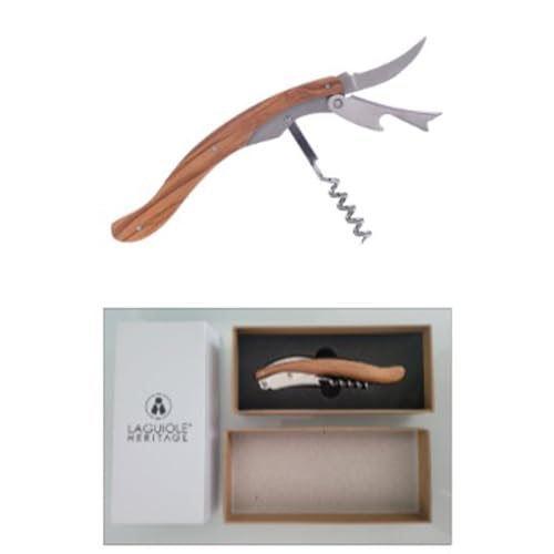 Laguiole Heritage Sommeliermesser 3-in-1 – Kellnermesser mit Korkenzieher, Kapselschneider & Flaschenöffner – Griff aus echtem Olivenholz – Französisches Design von Laguiole