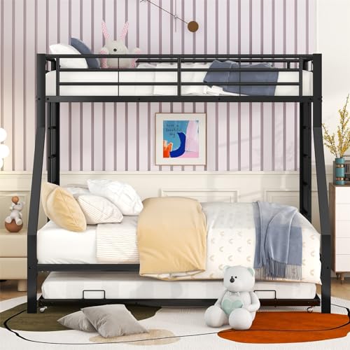 Etagenbett aus Hochwertigem Stahl, Metallbett mit ausziehbarem Bett,mit Leiter auf beiden Seiten für Kinder, Jugendliche, Erwachsene, 90(140) x200cm, schwarz von LAHTI