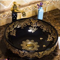 Vintage Schwarz Gold Floral Paisley Muster Farbe Handgemachte Runde Badezimmer Garderobe Keramik Arbeitsplatte Becken Waschbecken Chinesisch von LAHWarehouse