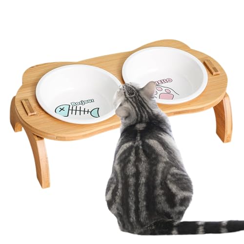 Erhöhter Katzennapf mit Ständer, Katzenfutternapf, Anti-Erbrechen, Keramik, Katzennäpfe mit Ständer, 15° geneigter Katzen-Wassernapf, 2 Stück Futternapf für Katzen und Welpen, Holz von LAIBUY