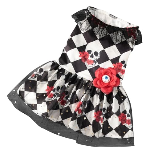 Halloween-Hundekleider, Totenkopf-Muster, Welpenspitzenkleid mit Augenblume, Haustierkostüm für kleine, mittelgroße Hunde, Verkleidungszubehör für Cosplay, Halloween Halloween-Hundekleider, Totenkopf-Muster, Welpenspitzenkleid mit Augenblume, Haustierkostüm für kleine, mittelgroße Hunde, Verkleidungszubehör für Cosplay, Halloween von LAIBUY
