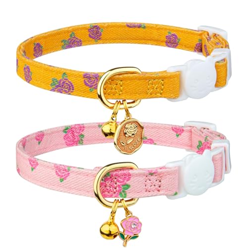 Katzenhalsband aus Baumwolle, mit Rosenanhänger, niedliches Katzenhalsband mit Glöckchen, Gelb und Rosa, 2 Stück Katzenhalsband aus Baumwolle, mit Rosenanhänger, niedliches Katzenhalsband mit Glöckchen, Gelb und Rosa, 2 Stück von LAIBUY