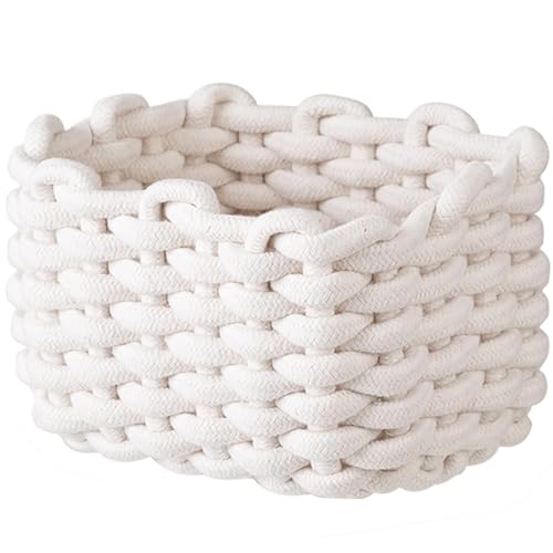 Kleiner Aufbewahrungskorb zum Organisieren, niedlicher quadratischer Nachttisch-Caddy für kleine Gegenstände, Baumwollseil, gewebter Korb für Regal, Kommode, Schreibtisch, minimalistisches schickes von LAIBUY