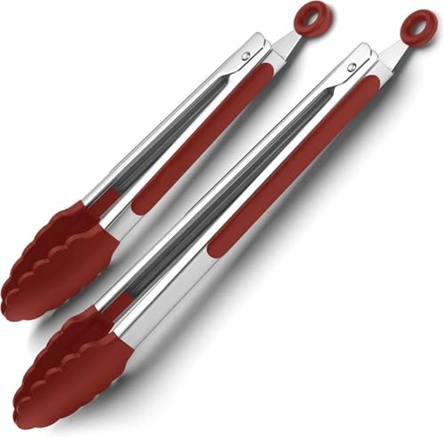 Küchenzange mit Silikonspitzen – Edelstahlzange zum Kochen – 22,9 cm und 30,5 cm Zange mit Silikongummigriffen, klein und groß – Grillzange aus Metall mit Verriegelung (rot) von LAIBUY