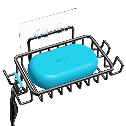 Seifenschale Halter mit 4 Haken Edelstahl schwarz selbstklebend für Dusche, Badezimmer von LAIBUY