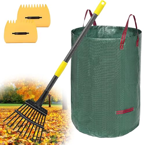 Rechen, Gartenlaubrechen Set - mit 32 Gallonen Laubsäcken und 2 Laubschaufeln, 238cm Laubrechen mit Langer Verstellbarer Griff, Robuste 11 Zinken zum Reinigen von Pflanzen, Rasen und Hof von LAIDER HEROS
