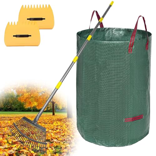 Rechen, Gartenlaubrechen Set - mit 32 Gallonen Laubsäcken und 2 Laubschaufeln, 238cm Laubrechen mit Langer Verstellbarer Griff, robuste 25 Zinken zum Reinigen von Pflanzen, Rasen und Hof von LAIDER HEROS