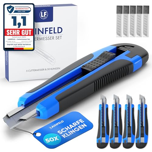 LAINFELD Cuttermesser Set | 5 Teppichmesser + 50 Klingen | 18mm Klingen | Profi Cutter Messer | Kuttermesser Teppichmesser Tapeziermesser katamesser von LAINFELD