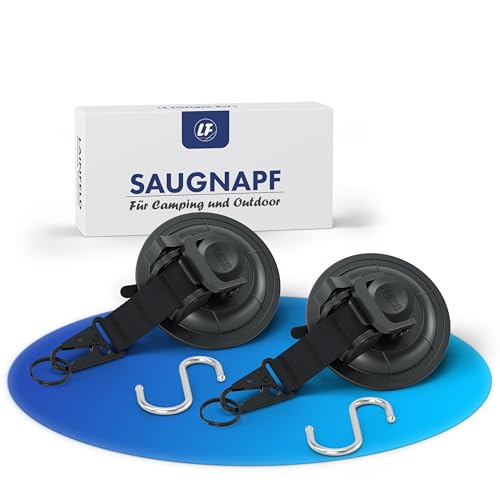 LAINFELD Saugnapf Haken | 2er Set mit Karabinerverschluss und großen Haken | Extra stark | für Camping, Auto, Balkon | Saughaken von LAINFELD