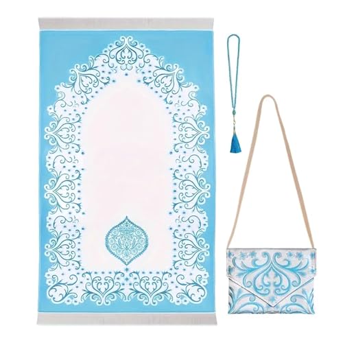 LAIOUSN Gebetsteppich für Muslime mit Tasche und Perlen für Männer und Frauen, perfektes Ramadan-Geschenk, tragbare Matte für Eid, Reisen, Gebetsteppich von LAIOUSN