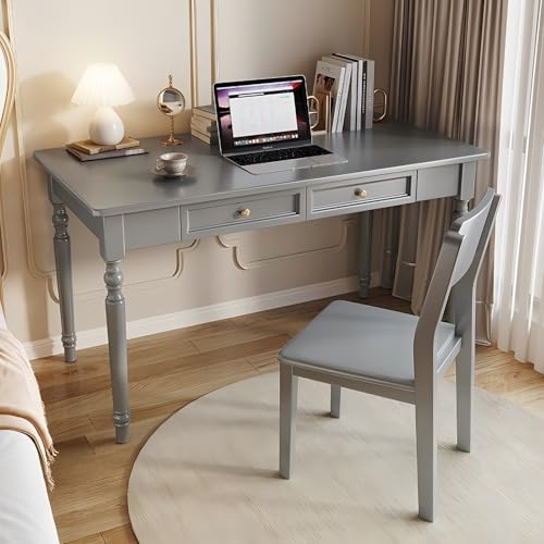 LAITEGOG Schreibtische im französischen Landhausstil mit Schubladen,Computertisch aus Massivholz,for das Home Office,das Arbeitszimmer im Wohnzimmer oder den Arbeitsplatz(Gray with Chair,47in) von LAITEGOG