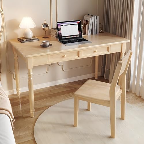 LAITEGOG Schreibtische im französischen Landhausstil mit Schubladen,Computertisch aus Massivholz,for das Home Office,das Arbeitszimmer im Wohnzimmer oder den Arbeitsplatz(Natural with Chair,31in) von LAITEGOG