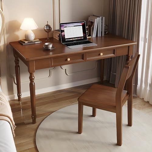 LAITEGOG Schreibtische im französischen Landhausstil mit Schubladen,Computertisch aus Massivholz,for das Home Office,das Arbeitszimmer im Wohnzimmer oder den Arbeitsplatz(Walnut with Chair,47in) von LAITEGOG