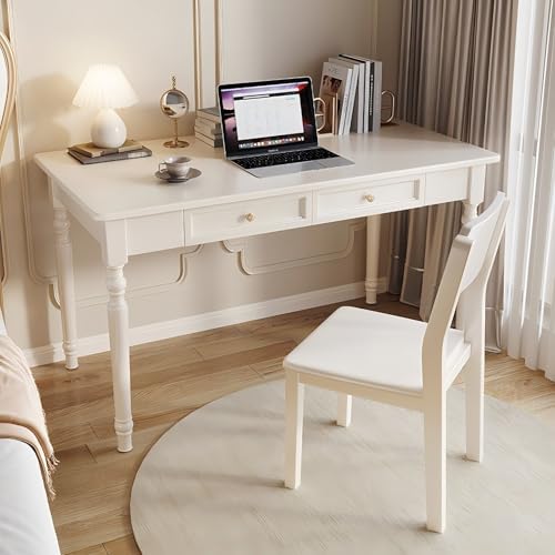 LAITEGOG Schreibtische im französischen Landhausstil mit Schubladen,Computertisch aus Massivholz,for das Home Office,das Arbeitszimmer im Wohnzimmer oder den Arbeitsplatz(White with Chair,31in) von LAITEGOG