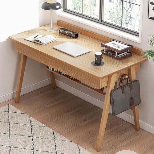 Schreibtisch aus Massivholz, Mid-Century Modern Schreibtisch, Home-Office-Schreibtisch mit Schubladen und Regalen, Arbeitstisch PC-Tisch-Arbeitsplatz for kleine Räume(Wood color,120cm/47.2inch) von LAITEGOG