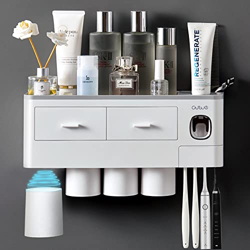 LAIWOO Zahnbürstenhalter Wand, Automatischer Zahnpastaspender Ohne Bohren für Kinder/Erwachsene, mit 6 Zahnbürstenschlitze und 4 Magnetbecher, Kosmetik-Organizer-Schublade von LAIWOO