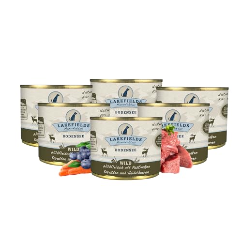 Lakefields - Premium Hundefutter Nass - Wild 59%, getreidefreies Nassfutter für Hunde, Dosenfleisch-Menü mit Wildfleisch, Karotte, Kartoffeln und Heidelbeeren, schonend gegart, 6 x 200g von Lakefields