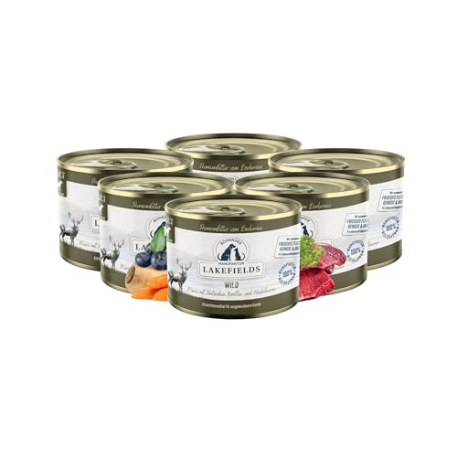 Lakefields Premium Hundefutter Nass | Wild 59% | 6 x 200g | Getreidefreies Nassfutter für Hunde | Natürliche Zutaten in Lebensmittelqualität | Karotten, Kartoffeln & Heidelbeeren | Schonend gegart von Lakefields