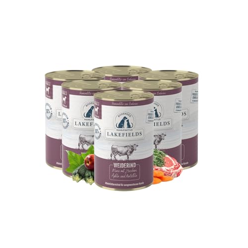 Lakefields Premium Hundefutter Nass | Rind 61% | 6 x 400g | Getreidefreies Nassfutter für Hunde | Natürliche Zutaten in Lebensmittelqualität | Äpfel, Zucchini & Karotten | Schonend gegart von Lakefields