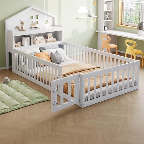 LAKFEW Bodenbett 90x200 cm Kinderbett mit Rausfallschutz und Tür, Bett mit Stauraum, Jugendbett mit Bilderleiste, Holzbett mit Lattenrost, Kinderzimmer Möbel, Ohne Matratze, Weiß LAKFEW Bodenbett 90x200 cm Kinderbett mit Rausfallschutz und Tür, Bett mit Stauraum, Jugendbett mit Bilderleiste, Holzbett mit Lattenrost, Kinderzimmer Möbel, Ohne Matratze, Weiß von LAKFEW
